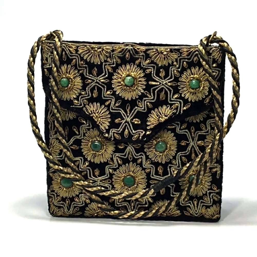 Vintage Indian Handmade Jades Embellished With Metallic Gold Details Purse